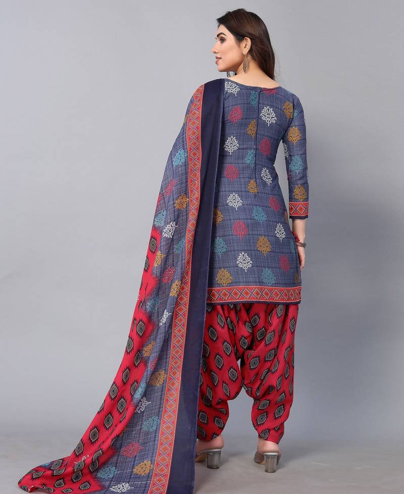 Unstitched printed cotton blend kurta & patiyala dress material with top, bottom & dupatta
