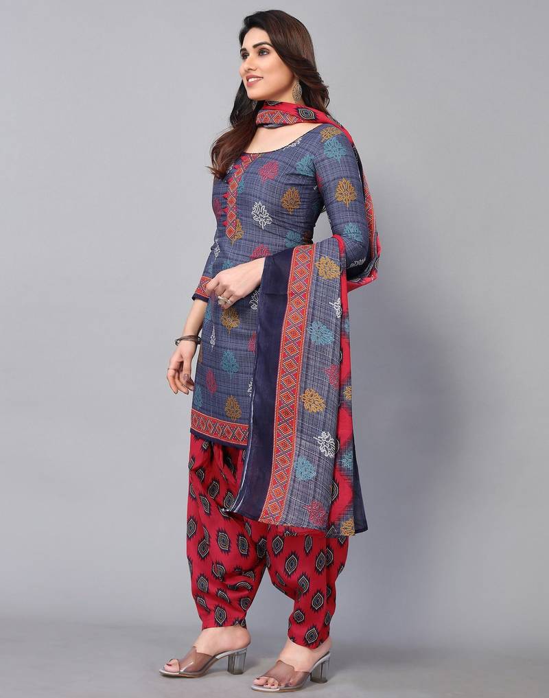 Unstitched printed cotton blend kurta & patiyala dress material with top, bottom & dupatta