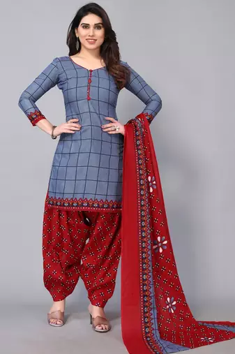 Unstitched printed cotton blend kurta & patiyala dress material with top, bottom & dupatta