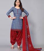 Unstitched printed cotton blend kurta & patiyala dress material with top, bottom & dupatta