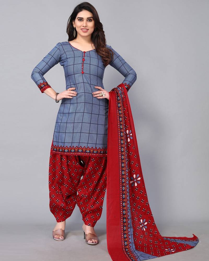 Unstitched printed cotton blend kurta & patiyala dress material with top, bottom & dupatta