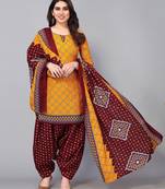 Unstitched printed cotton blend kurta & patiyala dress material with top, bottom & dupatta