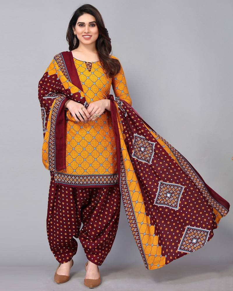 Unstitched printed cotton blend kurta & patiyala dress material with top, bottom & dupatta