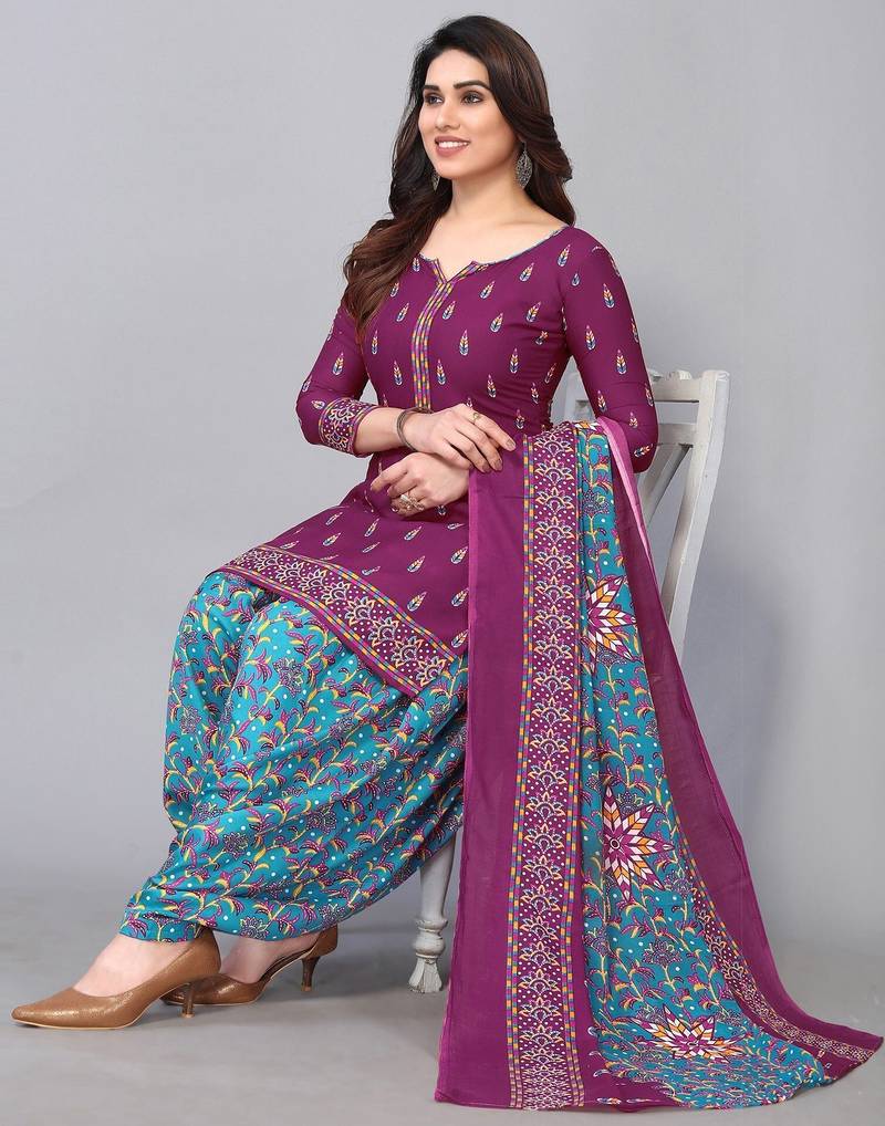 Unstitched printed cotton blend kurta & patiyala dress material with top, bottom & dupatta