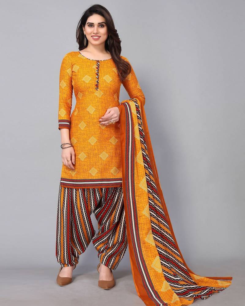 Unstitched printed cotton blend kurta & patiyala dress material with top, bottom & dupatta
