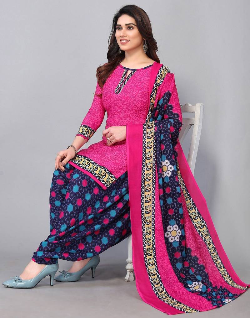 Unstitched printed cotton blend kurta & patiyala dress material with top, bottom & dupatta