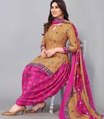 Unstitched printed cotton blend kurta & patiyala dress material with top, bottom & dupatta