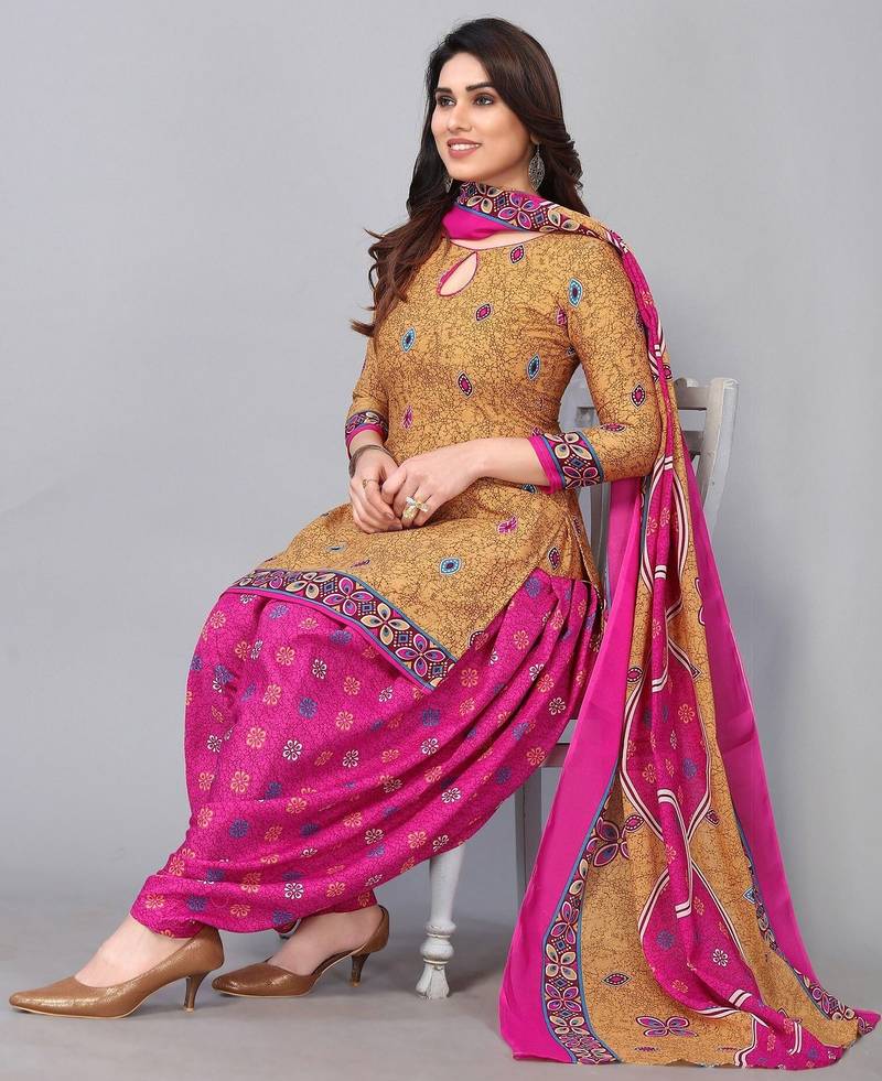 Unstitched printed cotton blend kurta & patiyala dress material with top, bottom & dupatta