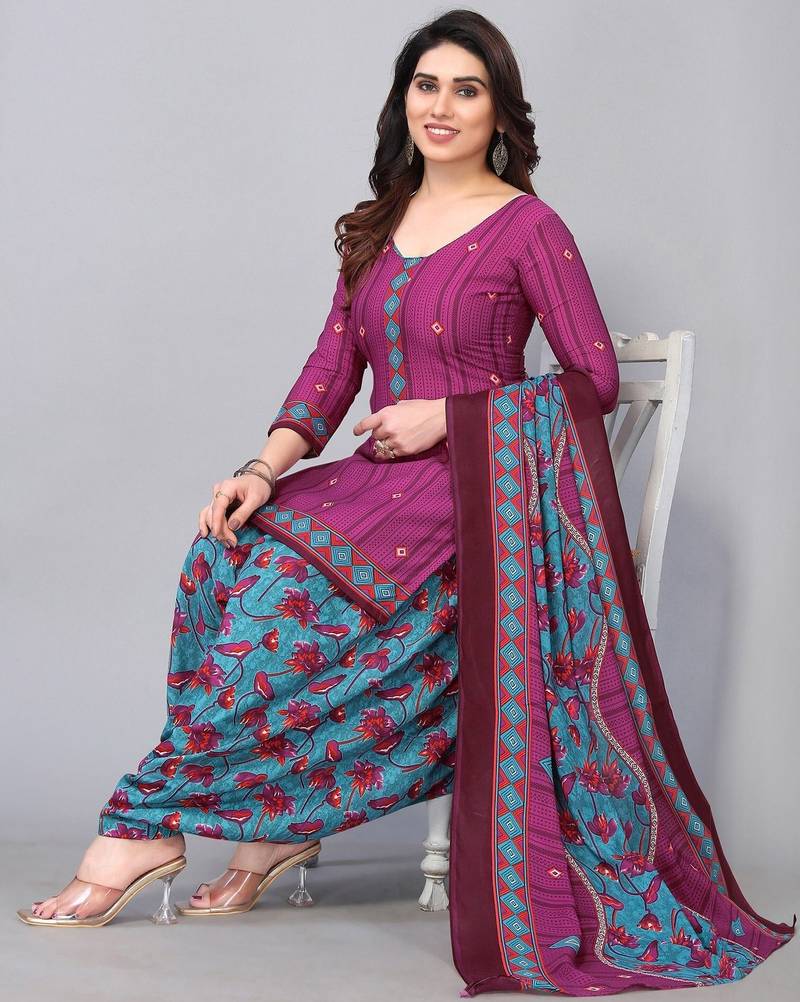 Unstitched printed cotton blend kurta & patiyala dress material with top, bottom & dupatta
