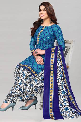 Unstitched printed cotton blend kurta & patiyala dress material with top, bottom & dupatta
