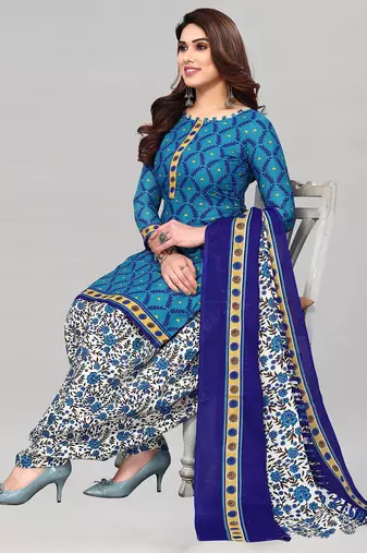 Unstitched printed cotton blend kurta & patiyala dress material with top, bottom & dupatta