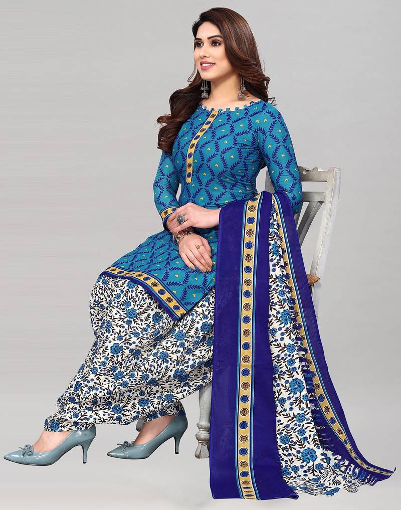 Unstitched printed cotton blend kurta & patiyala dress material with top, bottom & dupatta