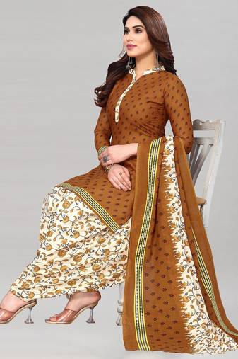 Unstitched printed cotton blend kurta & patiyala dress material with top, bottom & dupatta