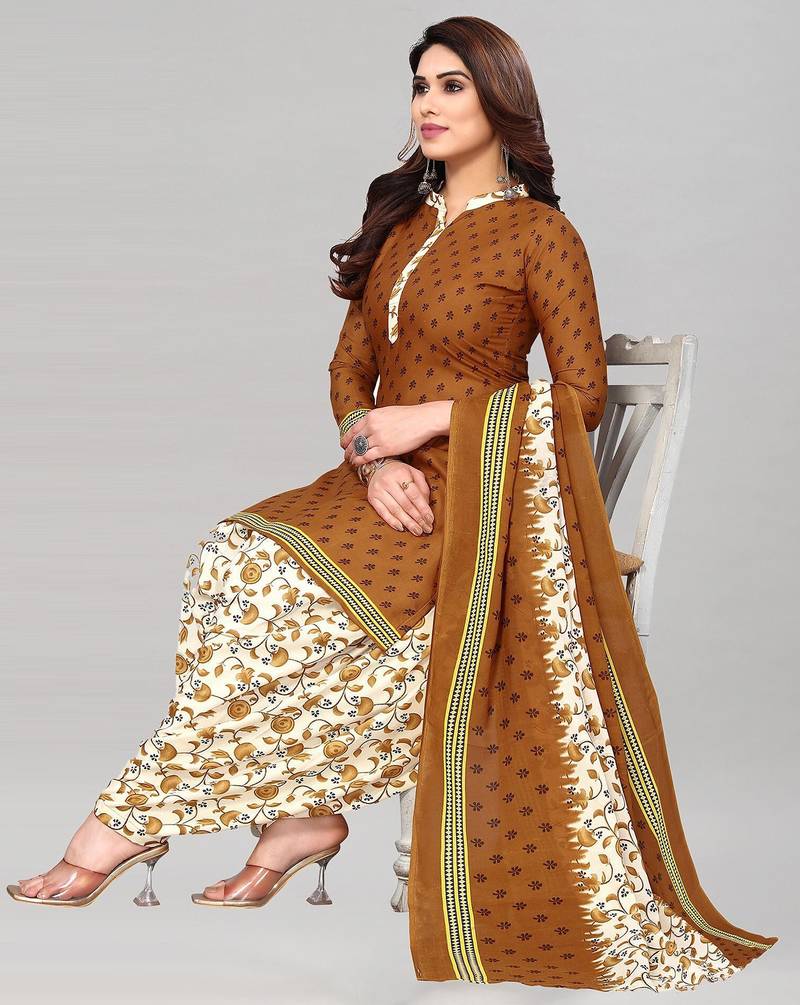 Unstitched printed cotton blend kurta & patiyala dress material with top, bottom & dupatta