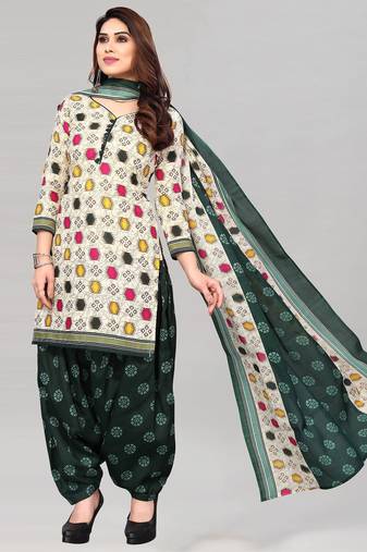 Unstitched printed cotton blend kurta & patiyala dress material with top, bottom & dupatta