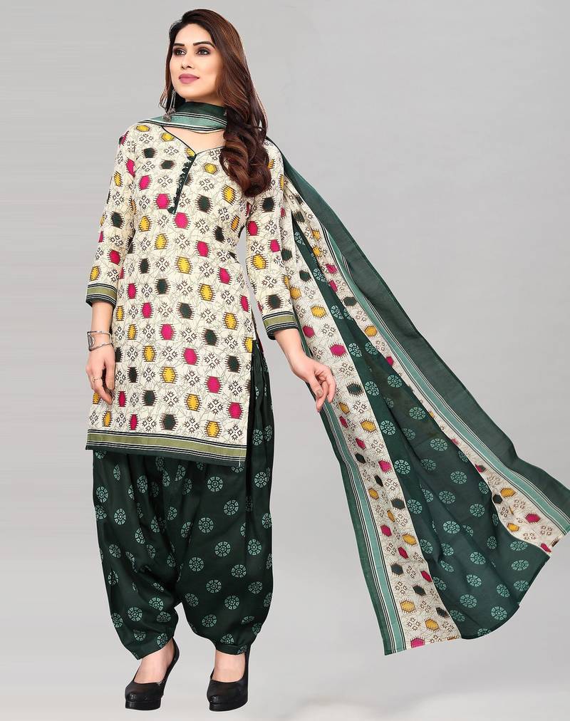 Unstitched printed cotton blend kurta & patiyala dress material with top, bottom & dupatta