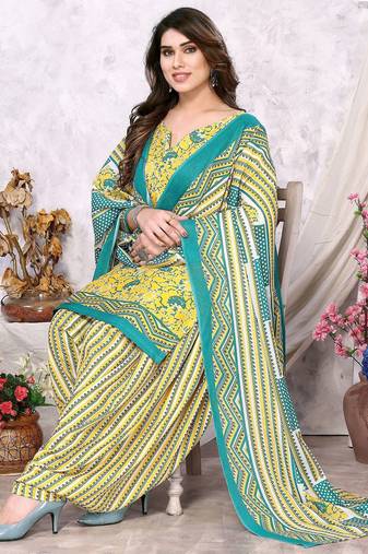 Unstitched printed cotton blend kurta & patiyala dress material with top, bottom & dupatta