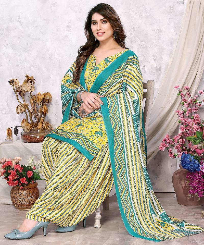 Unstitched printed cotton blend kurta & patiyala dress material with top, bottom & dupatta