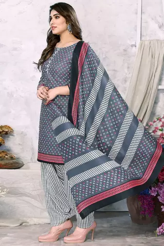 Unstitched printed cotton blend kurta & patiyala dress material with top, bottom & dupatta