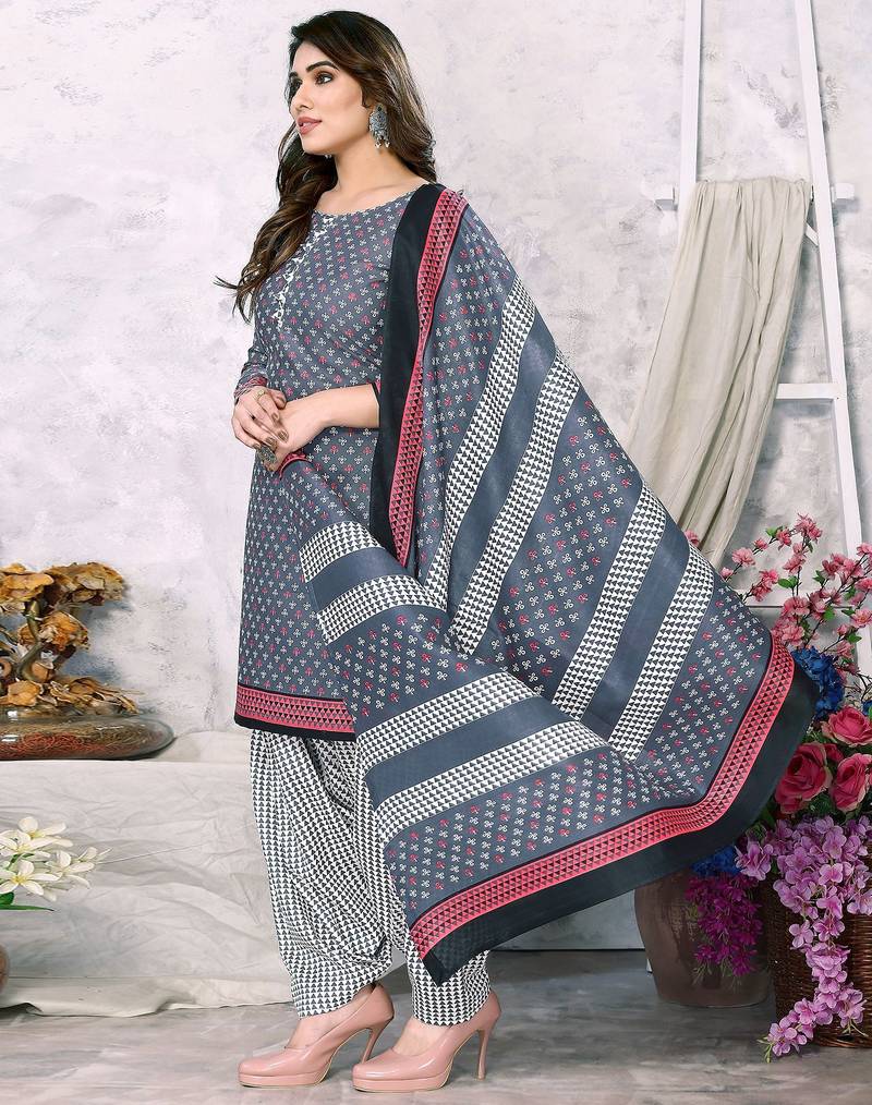 Unstitched printed cotton blend kurta & patiyala dress material with top, bottom & dupatta