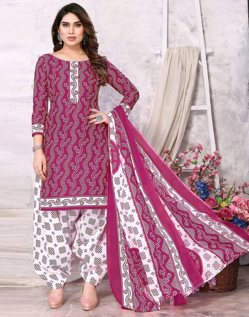 Unstitched printed cotton blend kurta & patiyala dress material with top, bottom & dupatta
