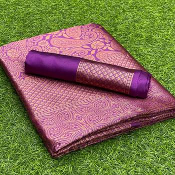 purple silk blend banarasi saree with unstitched blouse piece 6