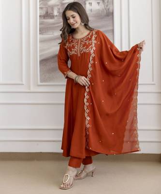 Orange embroidered vichitra silk sequins work ethnic-kurtis 1