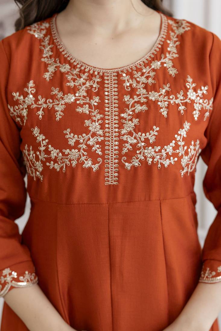 Orange embroidered vichitra silk sequins work ethnic-kurtis