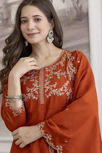 Orange embroidered vichitra silk sequins work ethnic-kurtis