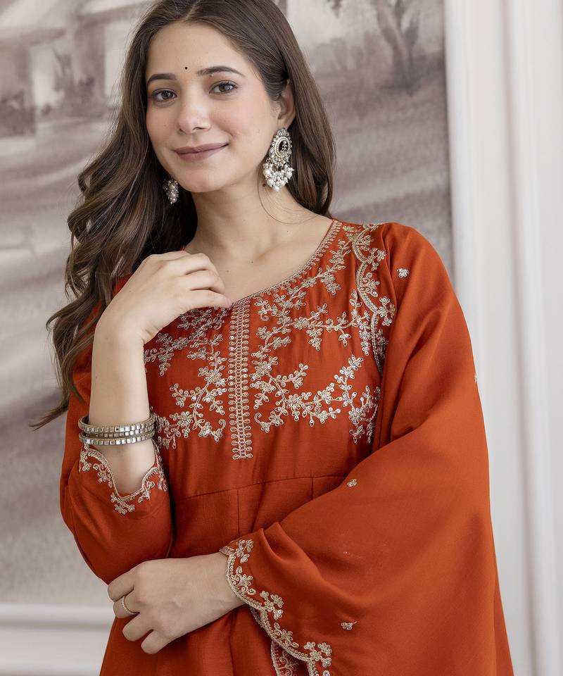 Orange embroidered vichitra silk sequins work ethnic-kurtis
