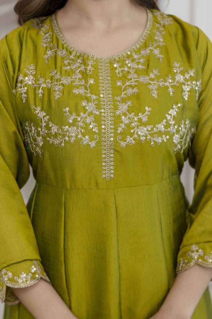 Green embroidered vichitra silk sequins work ethnic-kurtis