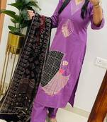 Floral embroidered v neck pure cotton kurta trouser & dupatta set