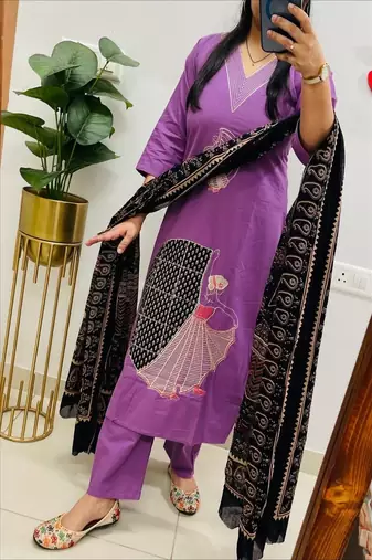 Floral embroidered v neck  cotton kurta trouser & dupatta set