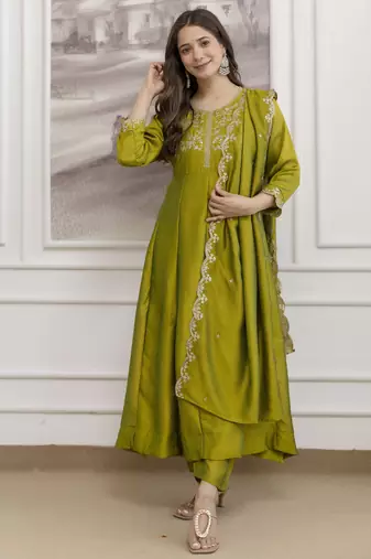 Green embroidered vichitra silk sequins work ethnic-kurtis
