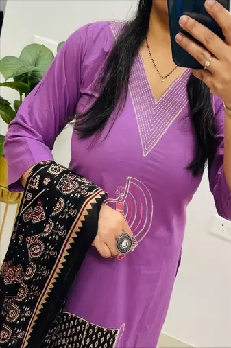 Floral embroidered v neck  cotton kurta trouser & dupatta set