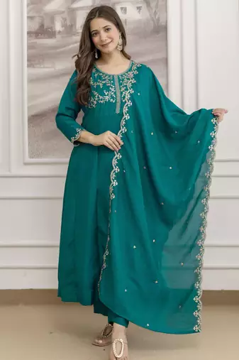 Sea-green embroidered vichitra silk sequins work ethnic-kurtis