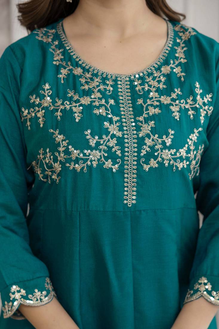 Sea-green embroidered vichitra silk sequins work ethnic-kurtis