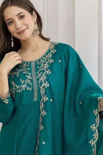 Sea-green embroidered vichitra silk sequins work ethnic-kurtis
