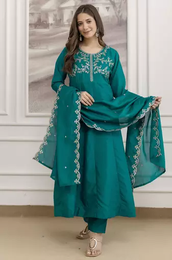 Sea-green embroidered vichitra silk sequins work ethnic-kurtis
