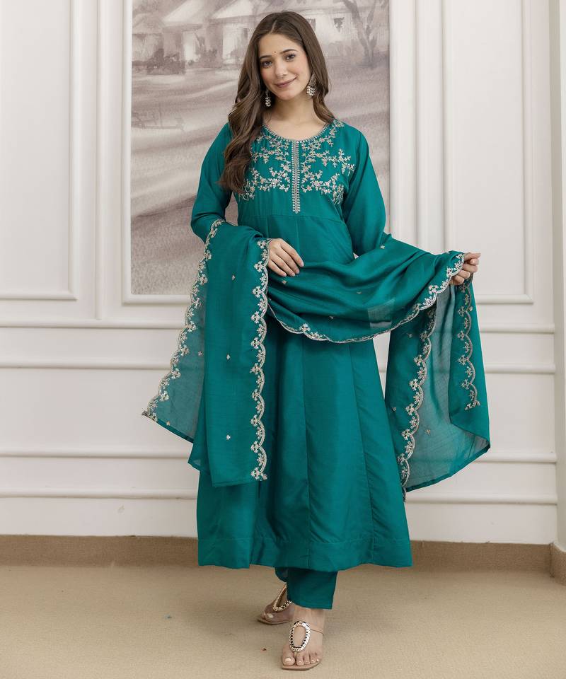 Sea-green embroidered vichitra silk sequins work ethnic-kurtis
