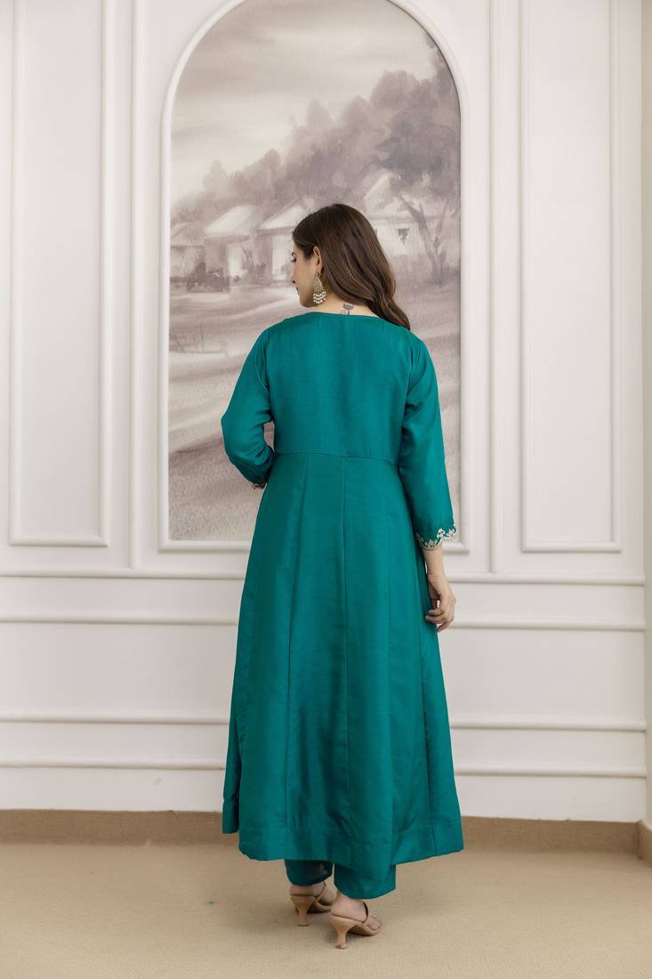 Sea-green embroidered vichitra silk sequins work ethnic-kurtis