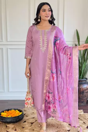 Dark-baby-pink embroidered chanderi sequins work ethnic-kurtis