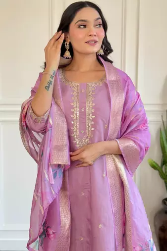 Dark-baby-pink embroidered chanderi sequins work ethnic-kurtis