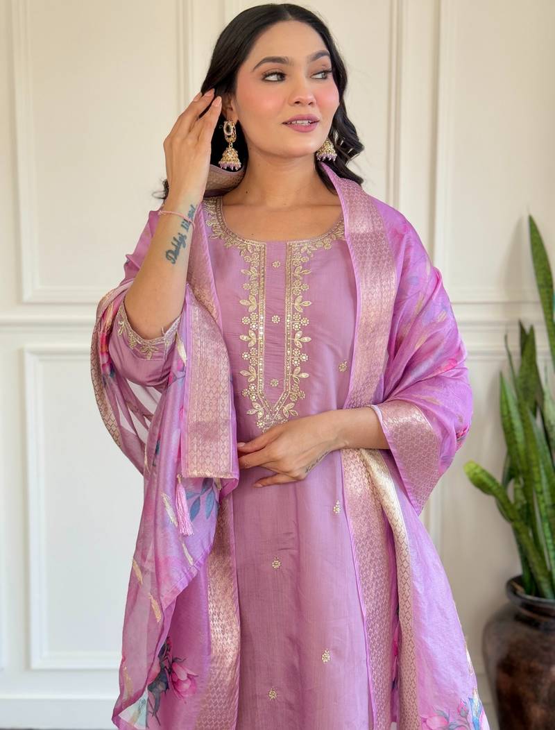 Dark-baby-pink embroidered chanderi sequins work ethnic-kurtis