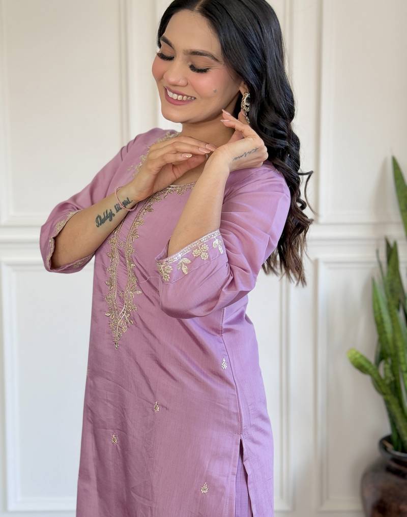 Dark-baby-pink embroidered chanderi sequins work ethnic-kurtis