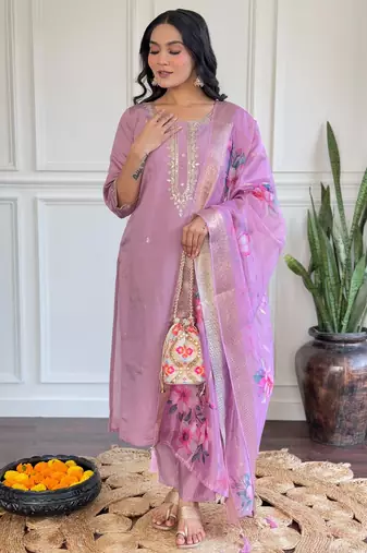 Dark-baby-pink embroidered chanderi sequins work ethnic-kurtis