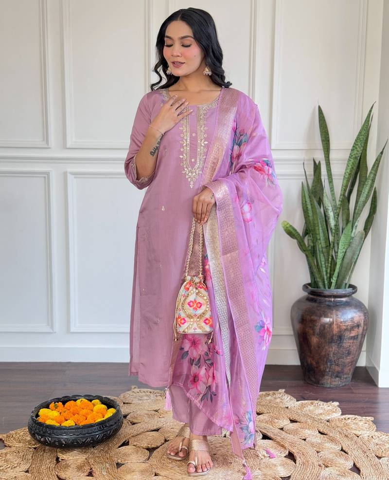 Dark-baby-pink embroidered chanderi sequins work ethnic-kurtis