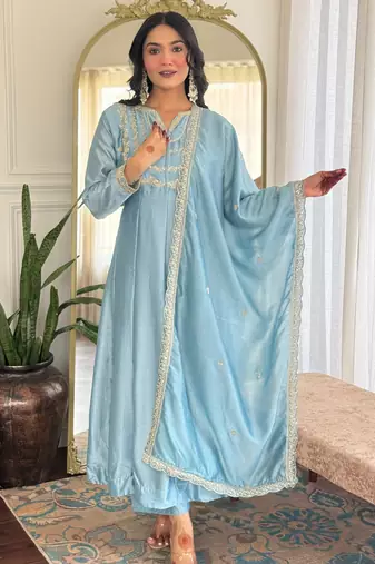 Blue embroidered vichitra silk sequins work ethnic-kurtis