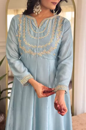 Blue embroidered vichitra silk sequins work ethnic-kurtis