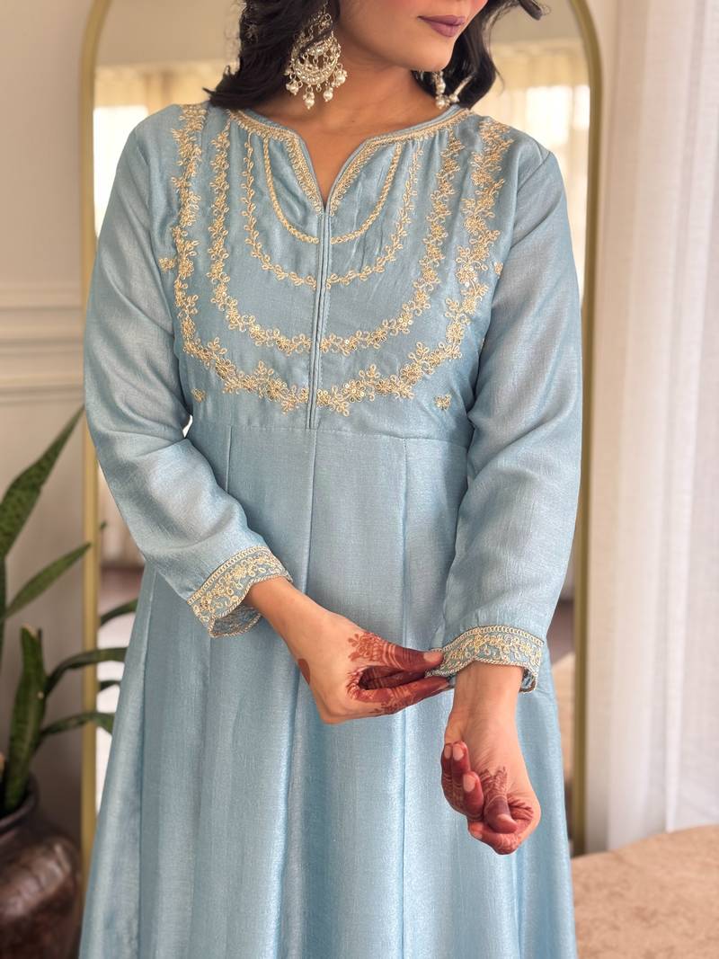 Blue embroidered vichitra silk sequins work ethnic-kurtis